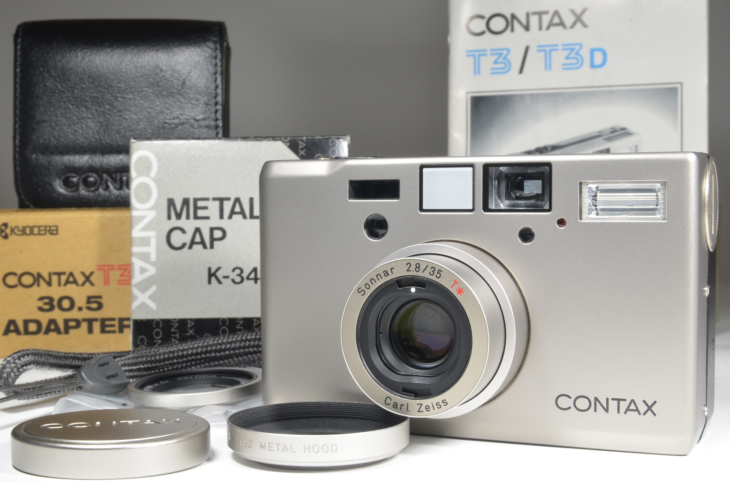 contax t3 with 30.5 adapter and metal hood k-34